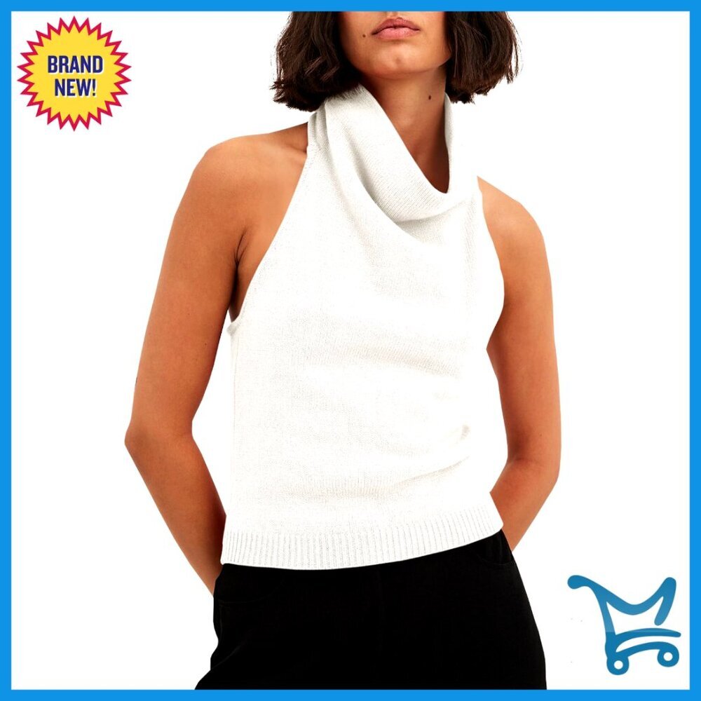 Turtleneck Sweater Vest Sleeveless Knit Halter Tank Top Loose Fit Sexy Backless